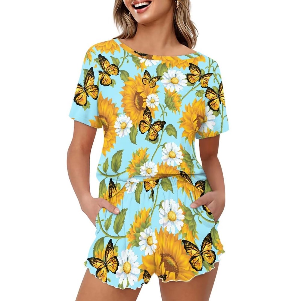 CLOHOMIN Sunflower Butterfly Pajama Set for Women White Daisy Floral Casual Loose Sleepwear Flower Fashionable Top with Matching Bottoms Ruffle Hem Loungewear Two Piece Summer Short Sleeve Outfits