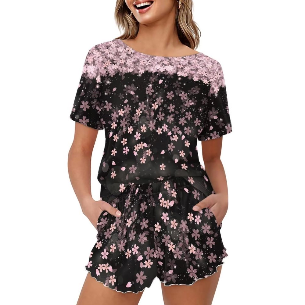 CLOHOMIN Sakura Floral Pajama Set for Women Cherry Blossom Blossoms Short Sleeve Loungewear Pink and Black Lightweight Plus Size Sleepwear Two Piece Casual Crewneck Outfits