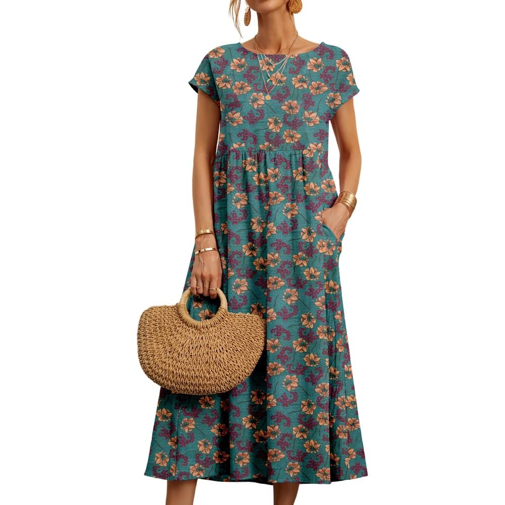 Akivide Women's Summer Cotton Linen Floral Printed Short Sleeve Dress Crew Neck Loose Casual Beach Dresses with Pockets