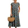 Akivide Women's Summer Cotton Linen Floral Printed Short Sleeve Dress Crew Neck Loose Casual Beach Dresses with Pockets view 1