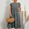 Akivide Women's Summer Cotton Linen Floral Printed Short Sleeve Dress Crew Neck Loose Casual Beach Dresses with Pockets view 2