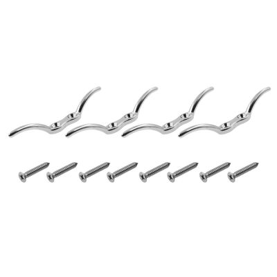 TTZEZE 316 Stainless Steel Rope Cleat Hooks, Marine Hardware Boat Cleat Hooks,4PCS Flagpole Cleat Hook,Silver Deck Dock Cleat Hooks,2-1/2''Blinds Cord Cleat Baby Safety Rope Cleats (4inch - 4PCS)