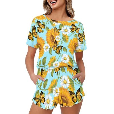 CLOHOMIN Sunflower Butterfly Pajama Set for Women White Daisy Floral Casual Loose Sleepwear Flower Fashionable Top with Matching Bottoms Ruffle Hem Loungewear Two Piece Summer Short Sleeve Outfits