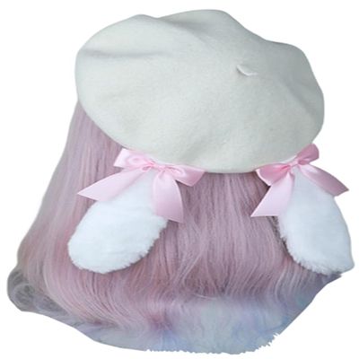 TTYAO REII Rabbit Ears Wool Beret Hat Cute Bunny Beret Lolita French Cap Female Artist Hat for Travel Holiday (Wool Blend, Beige)