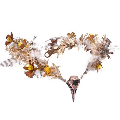 MOSTORY Gold Raven Elf Crown - Handmade Fairy Feather Headpiece Floral Gothic Circlet Elven Tiara with Raven Skull for Women s Witch Carnival Renaissance Cosplay