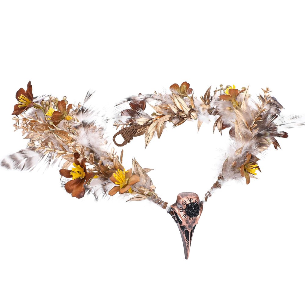 MOSTORY Gold Raven Elf Crown - Handmade Fairy Feather Headpiece Floral Gothic Circlet Elven Tiara with Raven Skull for Women s Witch Carnival Renaissance Cosplay