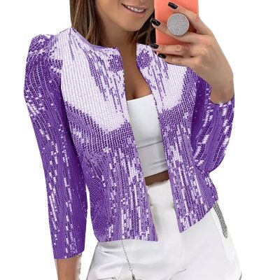 ZYXTIM Womens Sequin Jacket Plus Size Sparkle Long Sleeve Jackets Front Zip Loose Casual Blazer Bomber Jacket with Pockets Purple