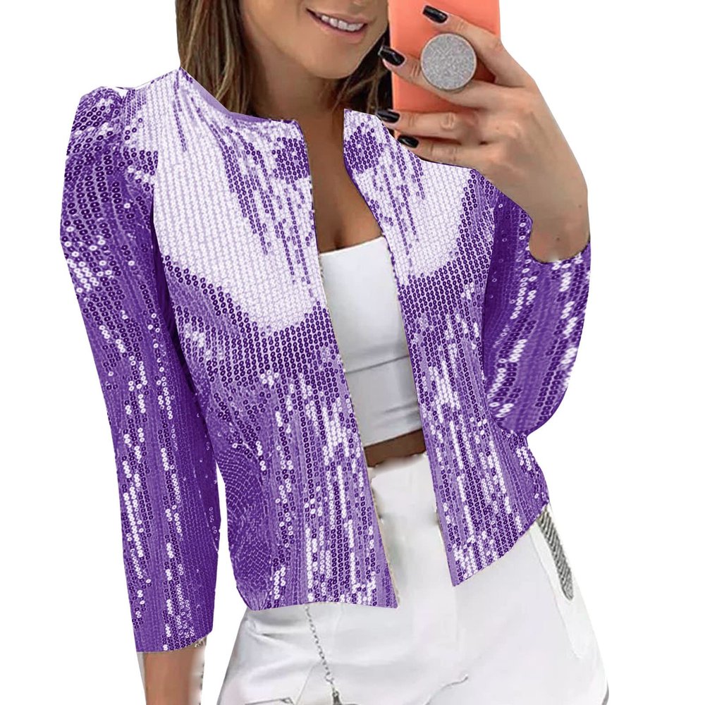 ZYXTIM Womens Sequin Jacket Plus Size Sparkle Long Sleeve Jackets Front Zip Loose Casual Blazer Bomber Jacket with Pockets Purple