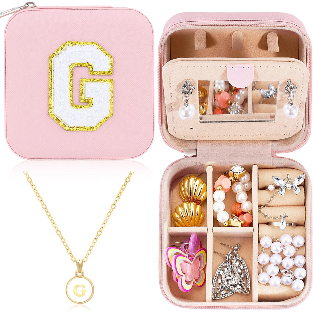URSKYTOUS Travel Jewelry Case For Women Girls Jewelry Box Mini Jewelry Organizer Holder for Women Portable Personalized Teen Girls Birthday Gift for Friend Sister Mom Bridesmaid HerPink G