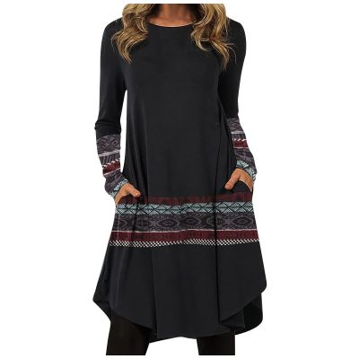 Women Fall Long Sleeve Dress Bohemian Floral Print Shift Dress with Pocket Casual Round Neck Loose Ethnic Flowy Swing Midi Tshirt Dress Plus Size