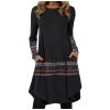 Women Fall Long Sleeve Dress Bohemian Floral Print Shift Dress with Pocket Casual Round Neck Loose Ethnic Flowy Swing Midi Tshirt Dress Plus Size view 1