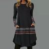 Women Fall Long Sleeve Dress Bohemian Floral Print Shift Dress with Pocket Casual Round Neck Loose Ethnic Flowy Swing Midi Tshirt Dress Plus Size view 2