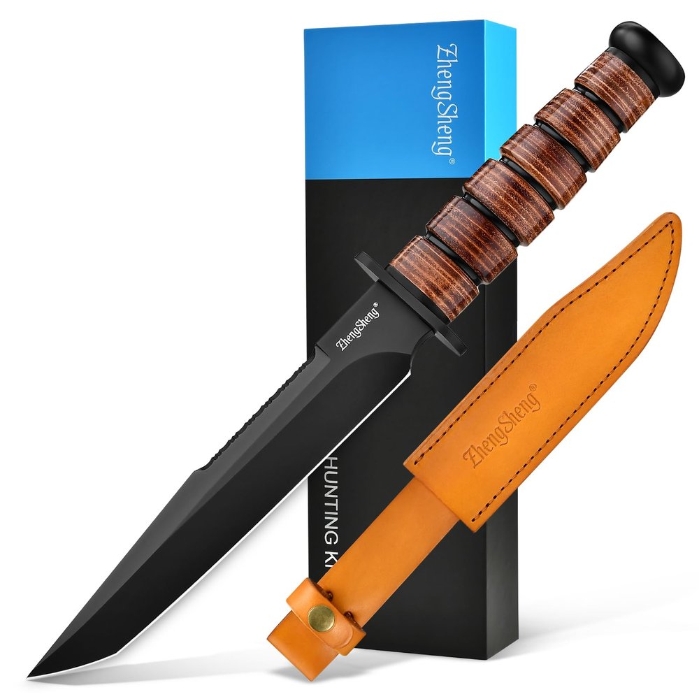 ZhengSheng 8.0 inches Fixed Blade Hunting Knife - Perfect PVD Titanium Coating DC53 Steel Blade Bowie Knife with Leather Sheath for Camping, Hiking, Survival