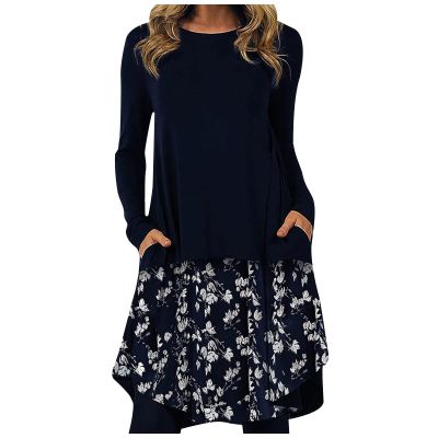 Women Fall Long Sleeve Dress Bohemian Floral Print Shift Dress with Pocket Casual Round Neck Loose Ethnic Flowy Swing Midi Tshirt Dress Plus Size
