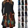 Women Fall Long Sleeve Dress Bohemian Floral Print Shift Dress with Pocket Casual Round Neck Loose Ethnic Flowy Swing Midi Tshirt Dress Plus Size view 4