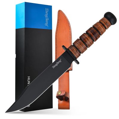 ZhengSheng 8.0 Inch Full Tang Bowie Fixed Blade Knife, DC53 Steel Blade with PVD Titanium Coating, Matching Protective Leather Sheath for Outdoor Camping Hiking Survival