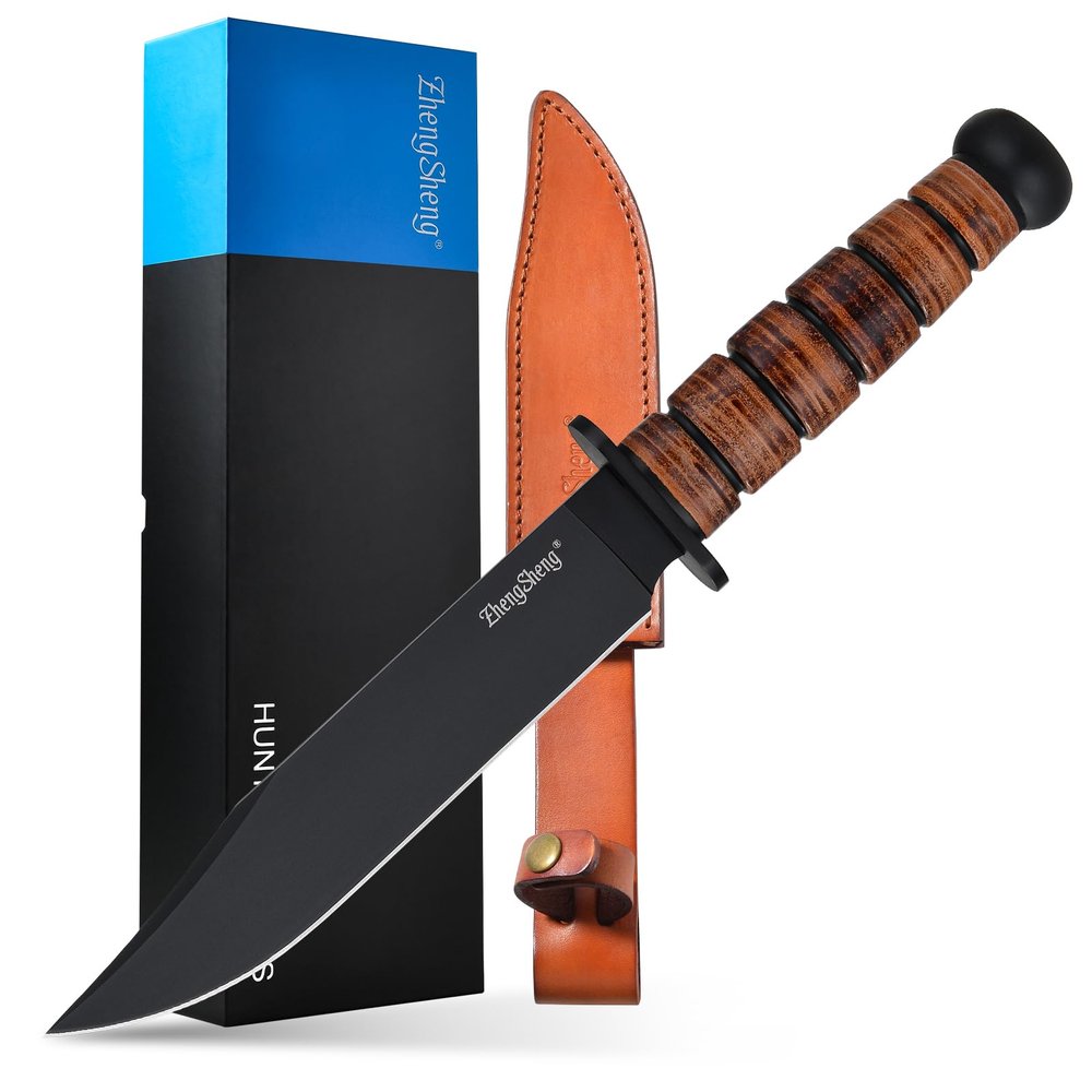 ZhengSheng 8.0 Inch Full Tang Bowie Fixed Blade Knife, DC53 Steel Blade with PVD Titanium Coating, Matching Protective Leather Sheath for Outdoor Camping Hiking Survival