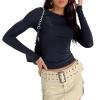 Women Y2k Crop Tops Long Sleeve Round Neck Ribbed Slim Fitted T-Shirt Tops Retro Streetwear (Black-#, L) view 1