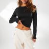 Women Y2k Crop Tops Long Sleeve Round Neck Ribbed Slim Fitted T-Shirt Tops Retro Streetwear (Black-#, L) view 3