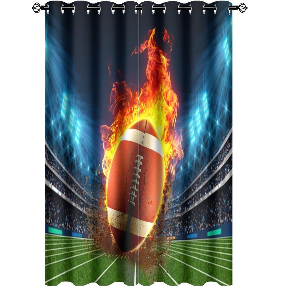 American Football Field Curtains for Bedroom,Sports Mens Game Flame Stadium Soccer Rugby Competition Thermal Insulated Room Darkening Grommet Window for Living Room 2 Panels 63" L x 21" W