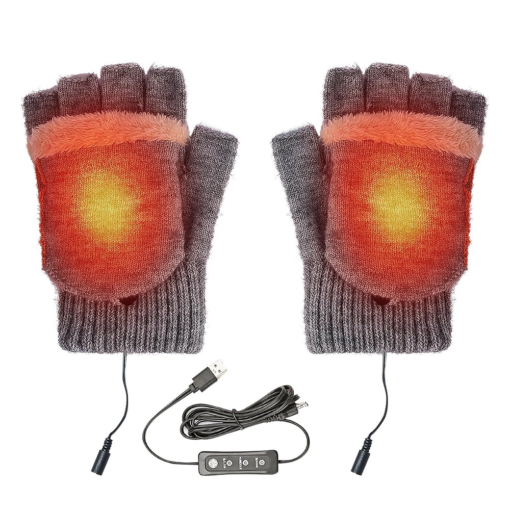 USB Heated Half Finger Gloves with Flip Top, Men Women Winter Electric Heating Knitted Gloves Mitts Home Office School Reading Writing Typing Laptop Gloves Hands Warmer