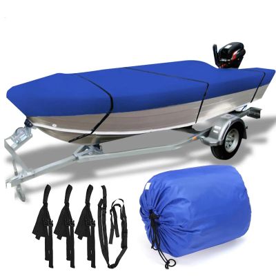 100% Waterproof Boat Cover, Trailerable Runabout Boat Cover Fit V-Hull Tri-Hull Fishing Ski Pro-Style Bass Boats, Full Size (Color : Blue, Size : 16-18FT)