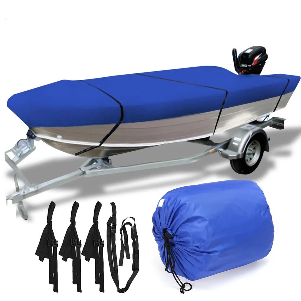 100% Waterproof Boat Cover, Trailerable Runabout Boat Cover Fit V-Hull Tri-Hull Fishing Ski Pro-Style Bass Boats, Full Size (Color : Blue, Size : 16-18FT)