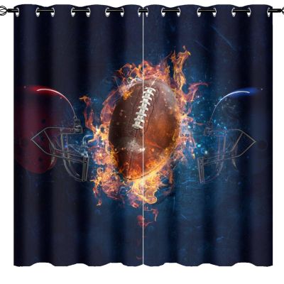 Sports American Football Stadium Curtains Mens Gaming Art Flame Football Field Ball Hat Design Thermal Insulated Darkening Drapes for Living Room Grommet Window Treatment 2 Panels 63" L x 31.5" W