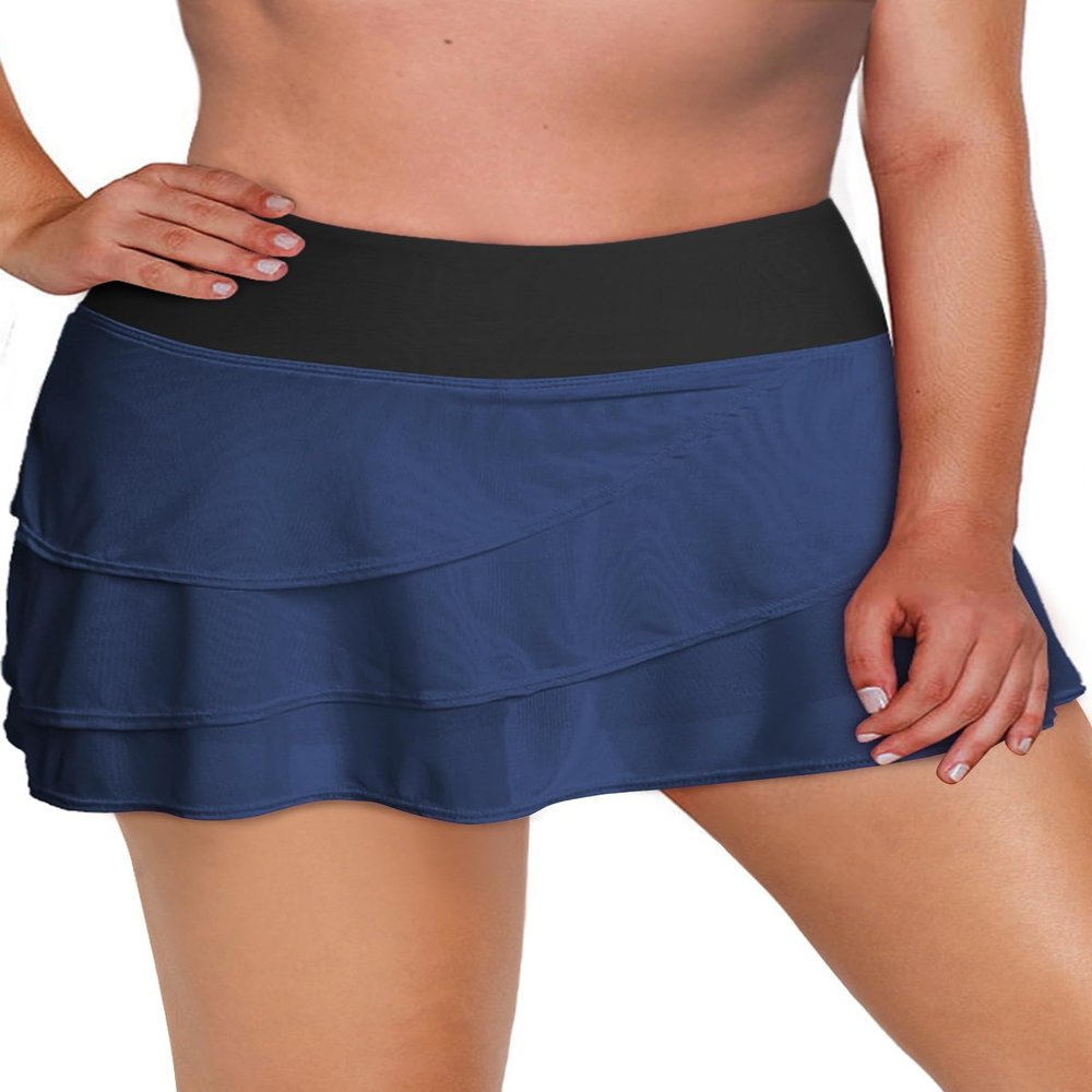 Aleumdr Women's Plus Size Three Layered Swim Skirted Bikini Swim Bottom Swimdress Navy Blue Black 18 Plus