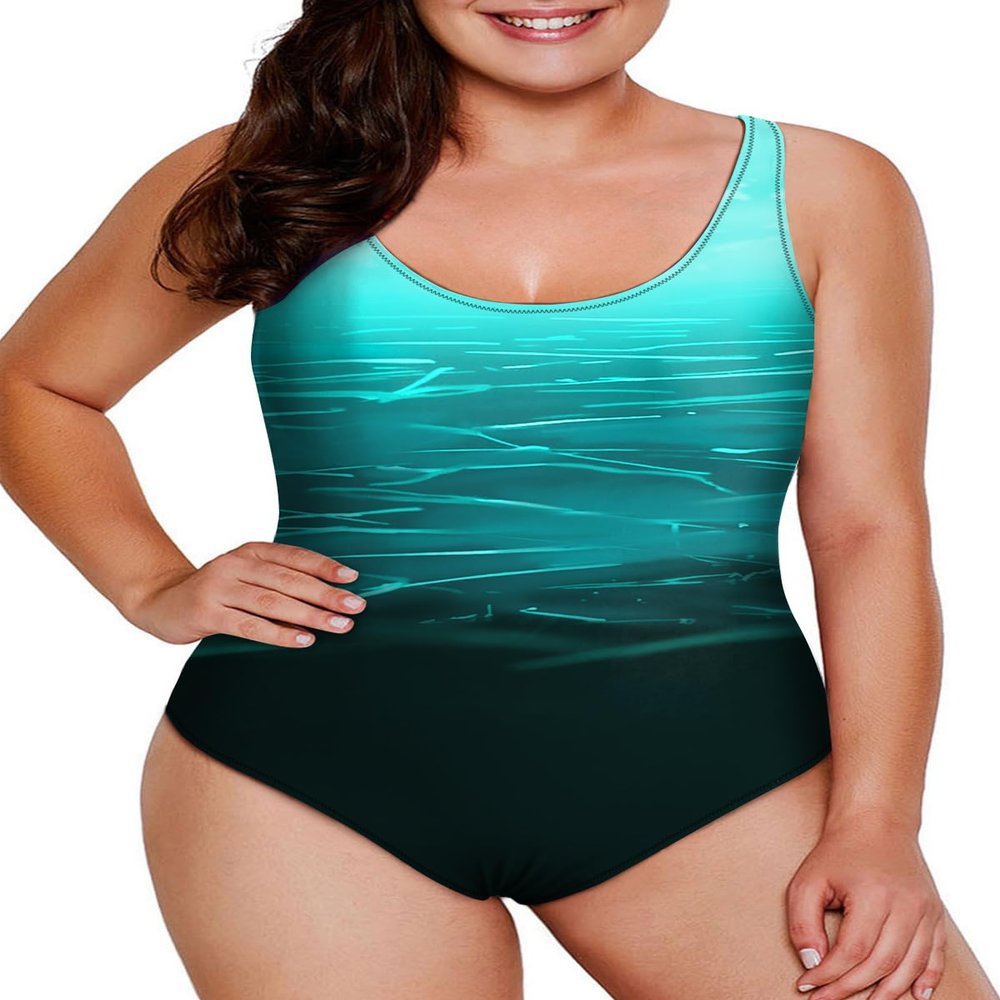 Aleumdr Women's Plus Size Green 309 One-Piece Swimsuit, Athletic Bathing Suit with Tummy Control & Shelf Bra, Casual Beach & Sportswear