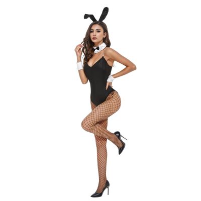 Women's Bunny Girl Suit Anime Halloween Costume Cosplay Bodysuit Bunny Headband Stockings Set Sexy Lingerie (Black, XXL)