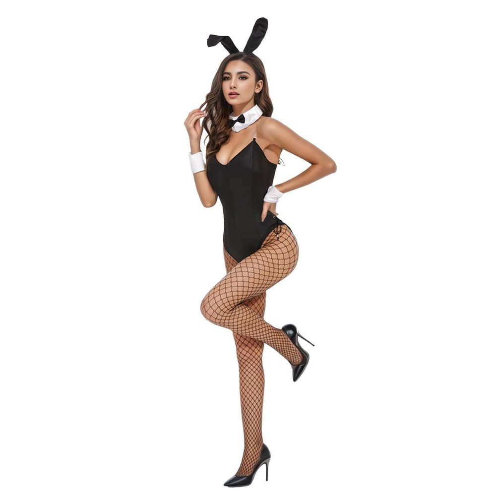 Women's Bunny Girl Suit Anime Halloween Costume Cosplay Bodysuit Bunny Headband Stockings Set Sexy Lingerie (Black, XXL)