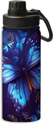 OOZ Blue butterfly and black background pattern 18 oz Sports Insulated Kettle Stainless Steel Water Bottles For Running Hiking Cycling Climbing,Black