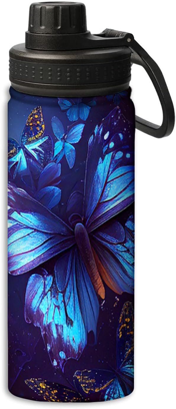 OOZ Blue butterfly and black background pattern 18 oz Sports Insulated Kettle Stainless Steel Water Bottles For Running Hiking Cycling Climbing,Black
