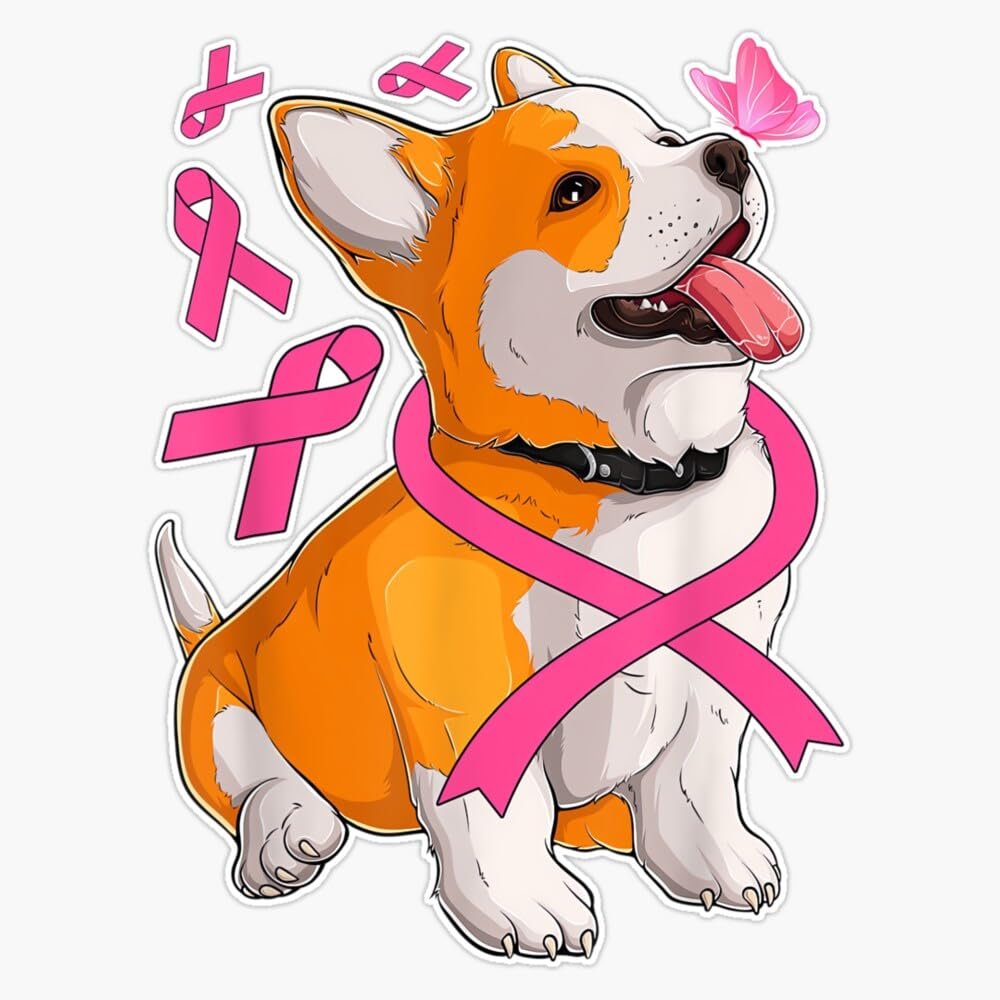 Corgi Dog & Pink Ribbon Breast Cancer Awareness Girls Women Sticker Vinyl Decal Car Laptop Wall Window Bumper Sticker 5"