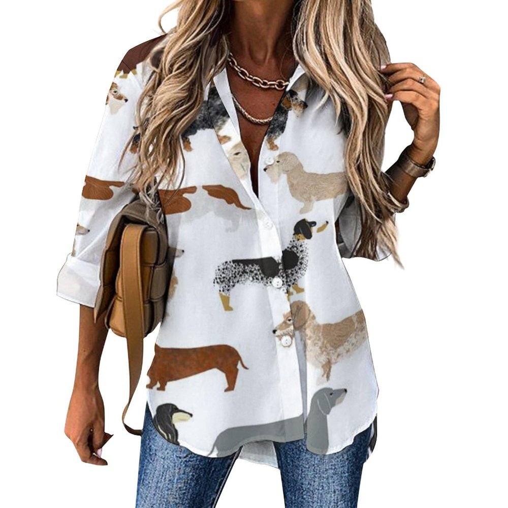 Animal Dachshund Dog Women's Button Down Shirts Casual Long Sleeve Stylish V Neck Blouses Tops M