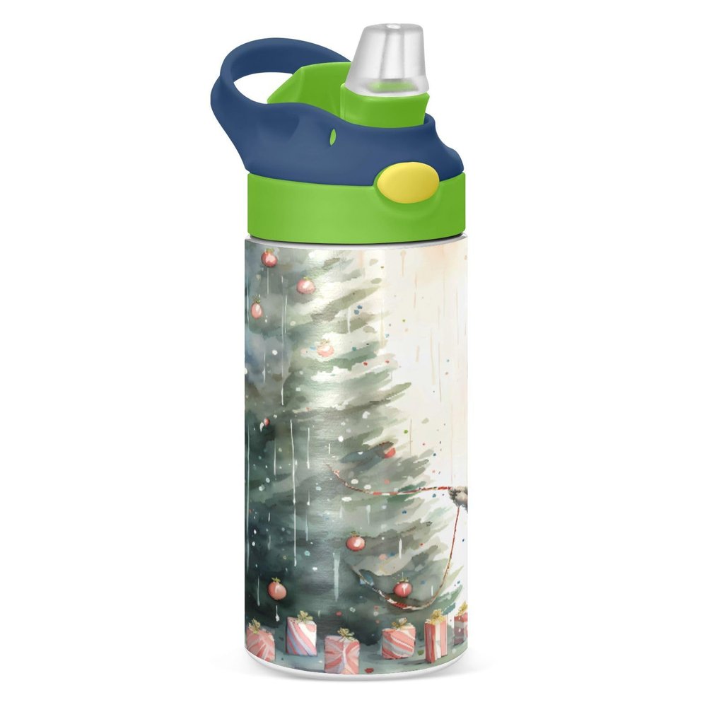 ALAZA Merry Christmas Rabbit Bunny Watercolor12 Oz Kids Water Bottle with Straw Stainless Steel Vacuum Insulated Cup Tumbler for Children Girls, Boys