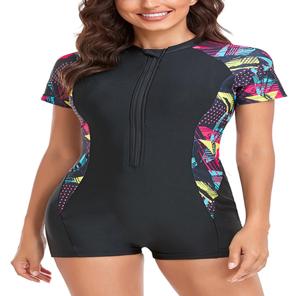 Bathing Suit for Women One Piece Swimsuit Printed Rash Guard UV Protection Swimwear Zip Surf Suit