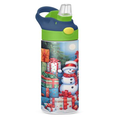 ALAZA Snowman Vintage Merry Christmas 12 Oz Kids Water Bottle with Straw Stainless Steel Vacuum Insulated Cup Tumbler for Children Girls, Boys