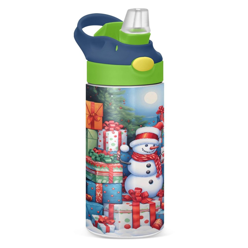 ALAZA Snowman Vintage Merry Christmas 12 Oz Kids Water Bottle with Straw Stainless Steel Vacuum Insulated Cup Tumbler for Children Girls, Boys