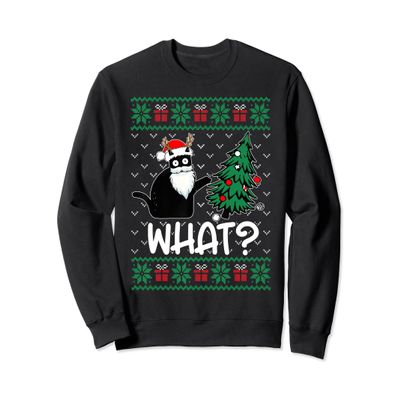 Black Cat What Ugly Christmas Sweater Pushing Xmas Tree Sweatshirt