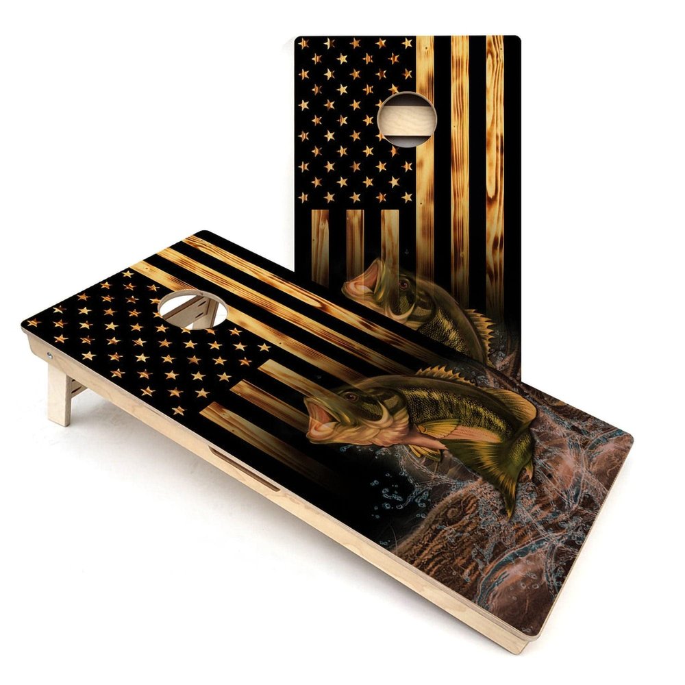 Skip's Garage American Flag Hidden Fish Cornhole Boards - Includes (2) Boards (Resin Bags) + (1) Carry Case, (2) Hole Lights & (2) Edge Lights