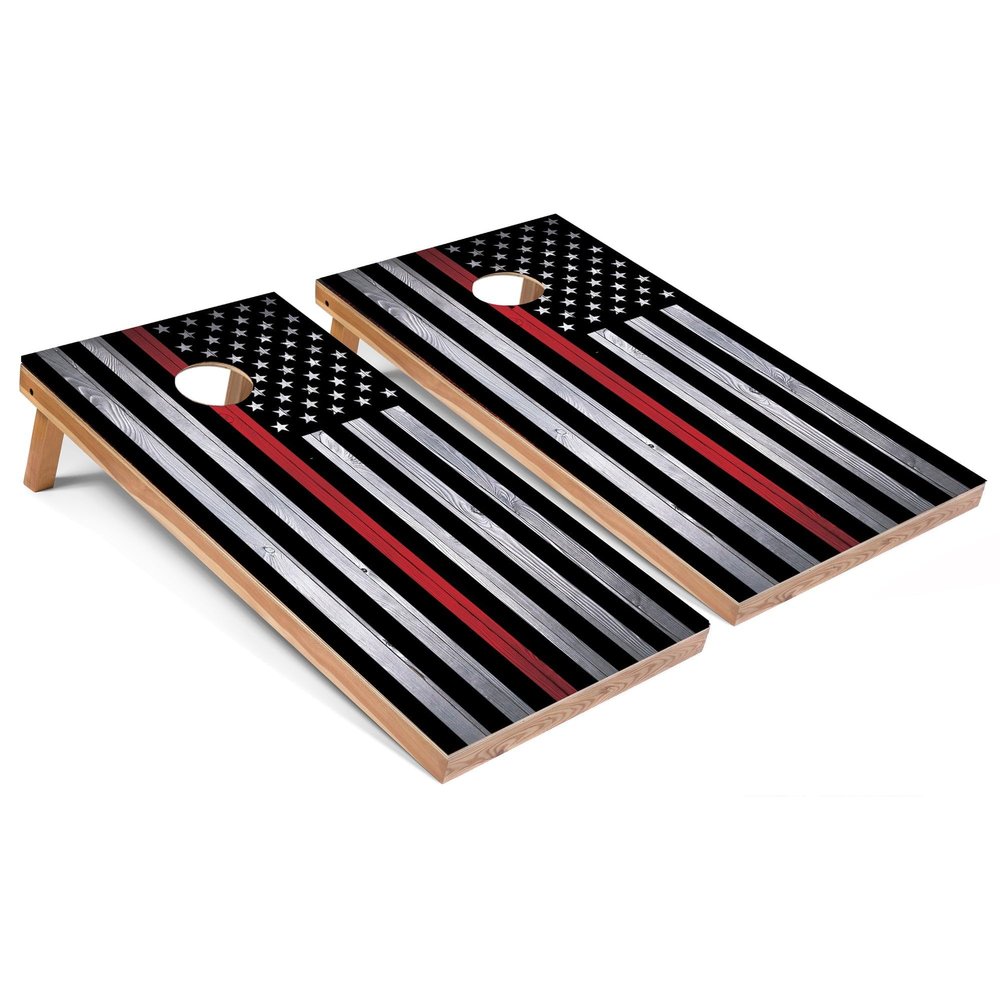 Skip's Garage American Flag Thin Red Line Corn Hole Set - All-Weather - Include Hole Lights