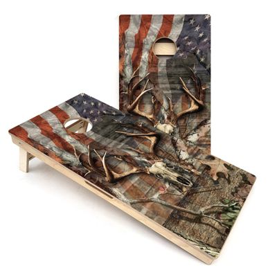 Skip's Garage Deer Skull USA Flag All-Weather Cornhole Boards - Includes (2) Boards (Resin Bags) + (2) Hole Lights & (2) Edge Lights