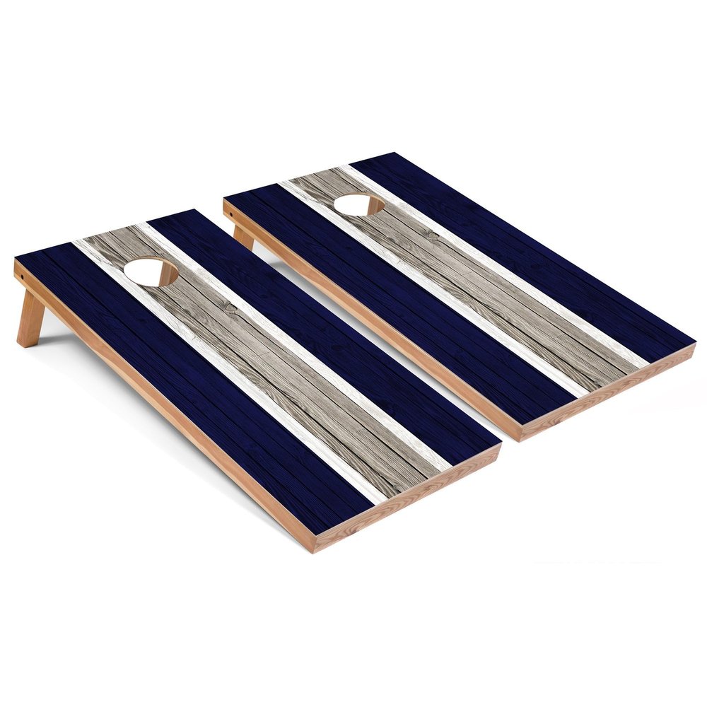 Skip's Garage Navy Striped All-Weather Cornhole Boards - PVC - Include Hole Lights
