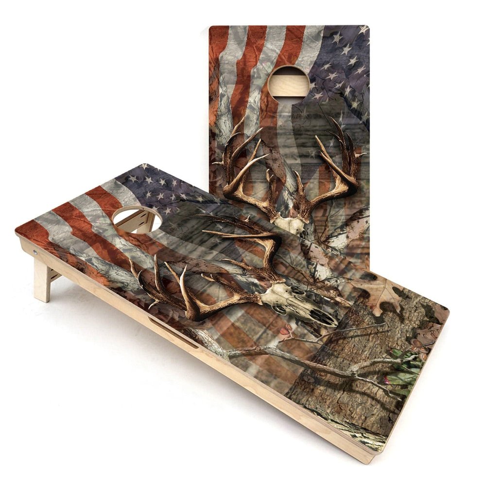 Skip's Garage Deer Skull USA Flag Cornhole Boards - Includes (2) Boards (Resin Bags) + NO Additional Accessories