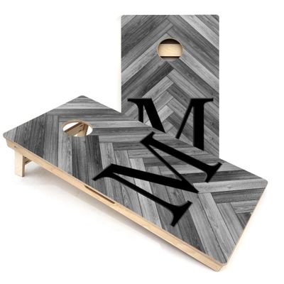 Skip's Garage Grey Herringbone Initial All-Weather Cornhole Boards - Includes (2) Boards (NO Bags) + (2) Board Edge Lights