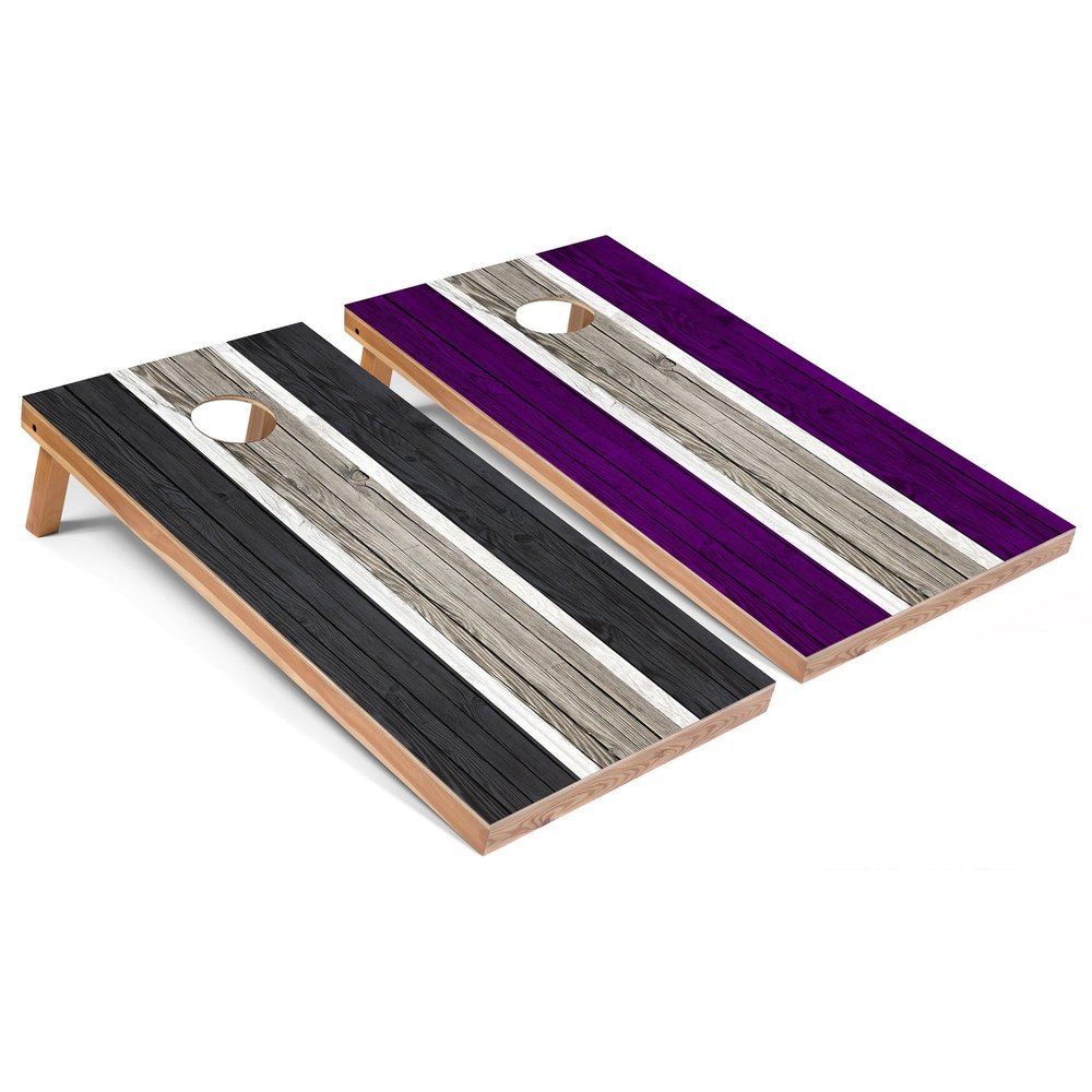 Skip's Garage Dark Grey and Purple Striped All-Weather Cornhole Boards - PVC - Include Hole Lights