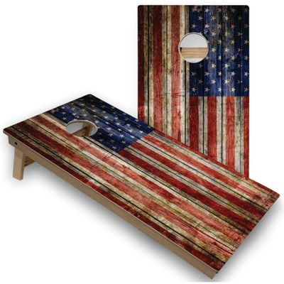 Skip's Garage American Flag Rustic Corn Hole Set - All-Weather - Include Hole Lights