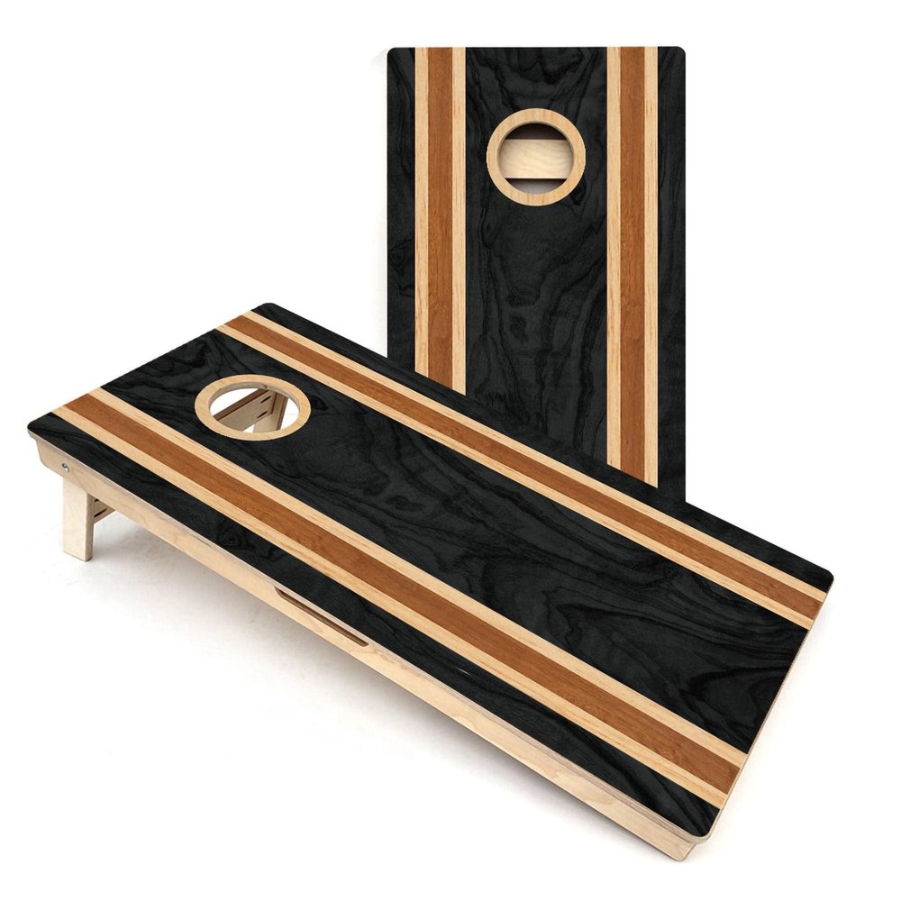 Skip's Garage Dark Wood Stripe All-Weather PVC Cornhole Boards - Includes (2) Boards (NO Bags) + (1) Case & (2) Edge Lights
